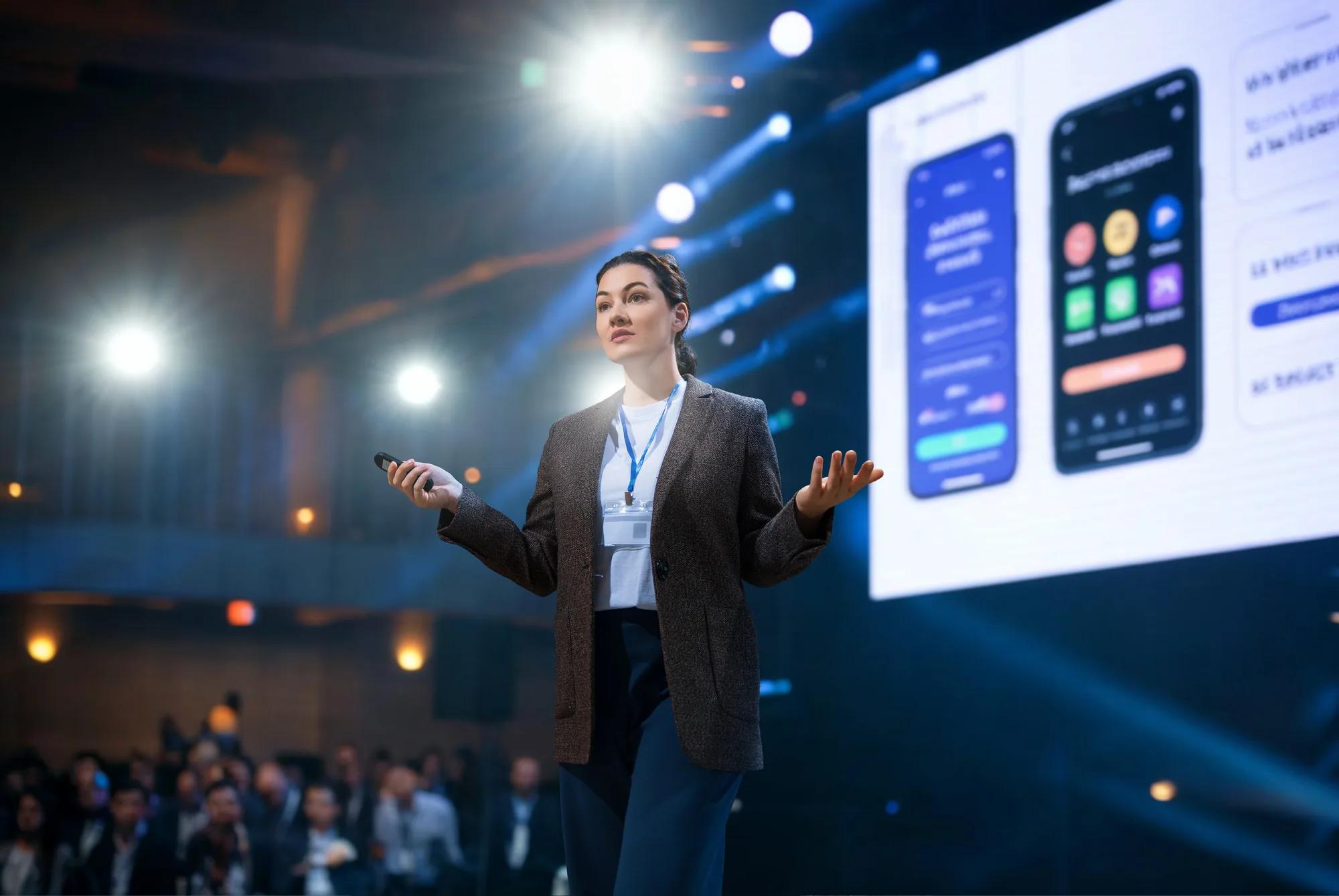 Presenter sharing a business strategy with a conference audience